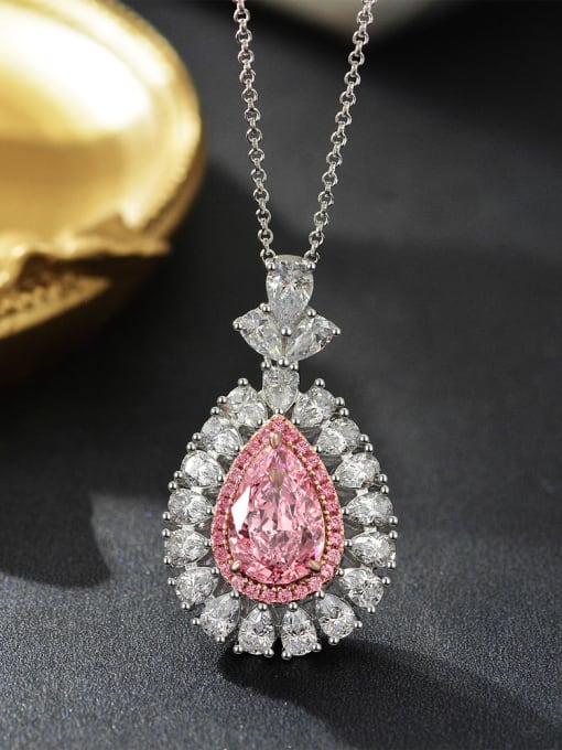Pink 40 3cm [P 2114] 925 Sterling Silver High Carbon Diamond Pink Water Drop Luxury Necklace
